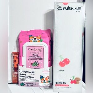 The Crème Shop Set of Makeup Wipes, Strawberry Lip Oil & Microfibre Hair Wrap